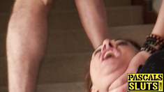 Girl with big knockers lets a dom fuck her ass and choke her