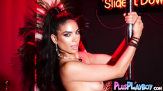 All natural Latina young exposing sensual body during posing in sensual lingerie