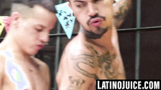 Licking then swallowing Dave's thick long shaft with skill