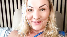 Curvy Blonde BBW in Blue Swimsuit Teases Huge Ass, Boobs & Pussy Toy Play