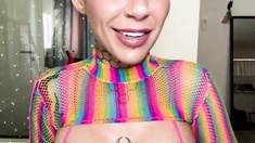 Inked Voluptuous with Buns Teases in Shiny Rainbow Mesh Top